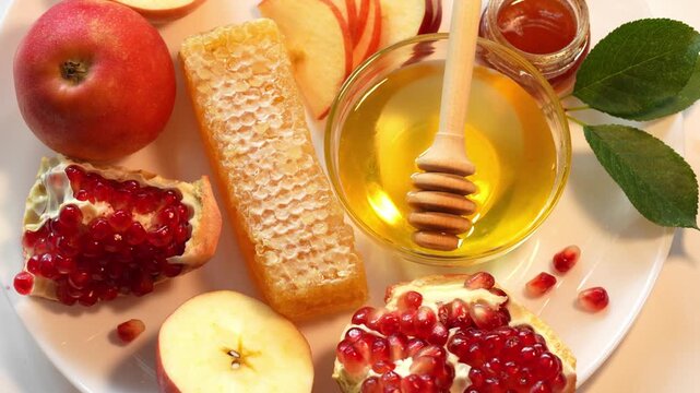 Happy Rosh Hashanah. Jewish New Year holiday concept. Glints of candlelight provide dynamic illumination to honey, apples and pomegranates, top view, close up.