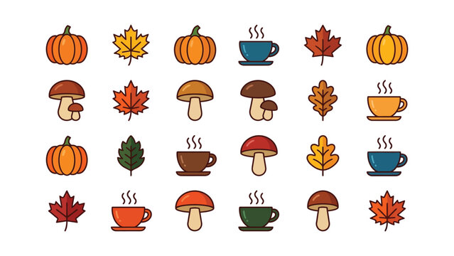Autumn seamless pattern with pumpkins mushrooms leaves with steaming hot coffee cups isolated white background