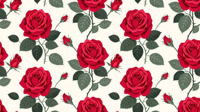 Beautiful red roses pattern with green leaves seamless repeating floral design for backgrounds and prints