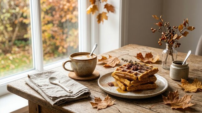Happy halloween cozy breakfast scene stack of waffles coffee and autumn leaves by the window