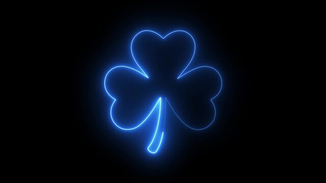 glowing neon Three leaf shamrock icon isolated on black background. Symbol of luck, Irish heritage, and Saint Patrick's Day. 4k video animation.
