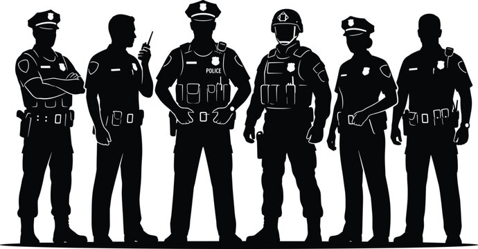 Silhouette illustration of police officers standing together in uniform representing law enforcement, authority, protection, teamwork, and public safety concept