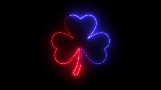 glowing neon Three leaf shamrock icon isolated on black background. Symbol of luck, Irish heritage, and Saint Patrick's Day. 4k video animation.