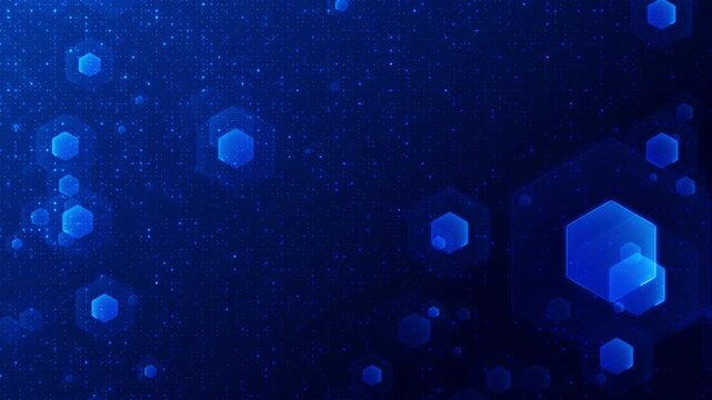 Digital hex particle visual with bright blue dots, glowing polygon layers, and dark futuristic data field. Perfect for cloud technology videos, science explainers, cyber intros, and animated overlays.