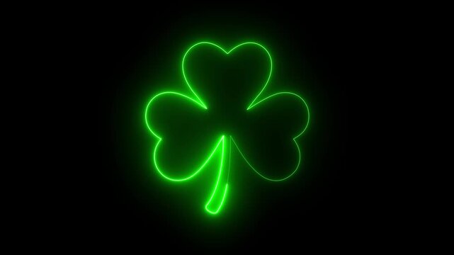 glowing neon Three leaf shamrock icon isolated on black background. Symbol of luck, Irish heritage, and Saint Patrick's Day. 4k video animation.