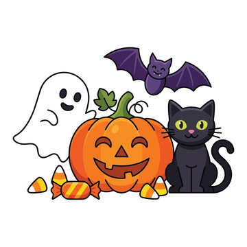 Cute halloween characters grouping with black cat surrounded candy corn cartoon characters