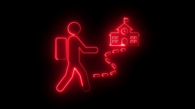 glowing neon student walking to school icon isolated on black background. featuring a person with a backpack following a route to a school building with a clock. 4k video animation.