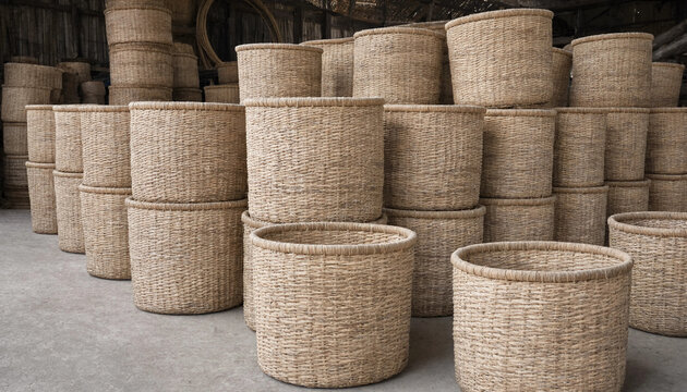 Large collection of handwoven round wicker baskets stacked in a warehouse with concrete floor and dim lighting for storage and organization