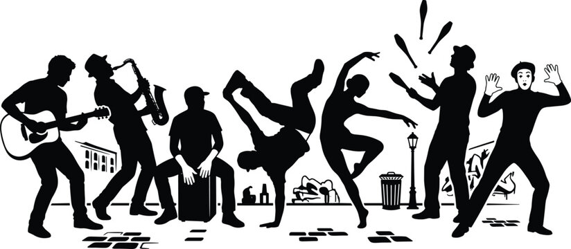 Silhouettes of diverse street performers playing instruments, dancing, juggling, and miming in urban setting representing art, culture, and entertainment
