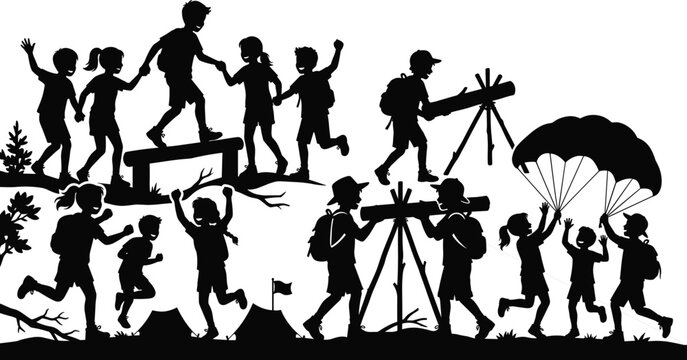 Silhouettes of children exploring outdoors with parachute, telescope, climbing, walking, running, and teamwork representing adventure, play, and cooperation