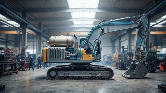 Hydrogen powered excavator with composite tank, fuel cell stack housing, and blue piping for clean heavy machinery and zero emission construction