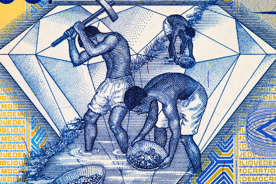 Democratic Republic of the Congo 500 Congolese Franc banknote featuring of artisanal diamond miners working inside a diamond outline. African paper money. World money collection.