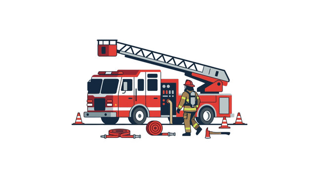 Flat vector illustration of a red fire truck and firefighter