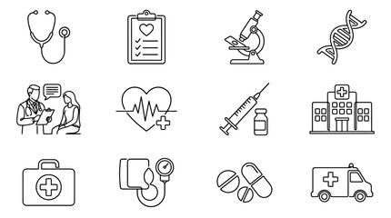 Medical Icons: Stethoscope, DNA, Doctor, Hospital, Ambulance, Pills, Syringe, Microscope © every