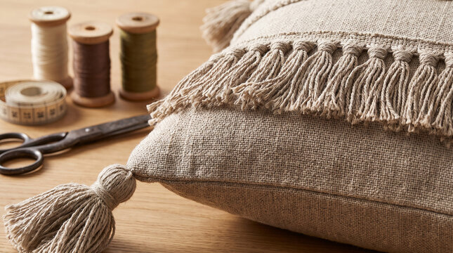 Close-up of a handmade textured linen cushion with decorative fringe and tassels. Vintage scissors, measuring tape, and colorful thread spools rest on a wooden table background.