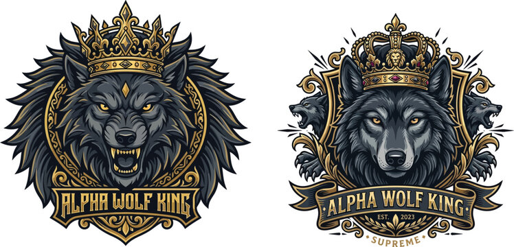 Alpha wolf king emblem design. Majestic wolf head with golden crown vector illustration.