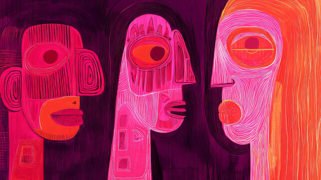 Abstract face doodle style pattern marker pen effect vibrant pink orange purple expressive emotion modern art surreal contemporary illustration