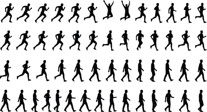 Running man silhouette sequence, walking and jogging motion cycle vector set, 56 athlete poses for animation and sports infographics