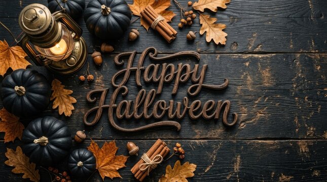 Festive happy halloween still life dark pumpkins autumn leaves and vintage lantern on rustic wood