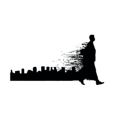 Obraz premium Businessman silhouette walks past a stylized city skyline that dissolves into abstract digital particles.