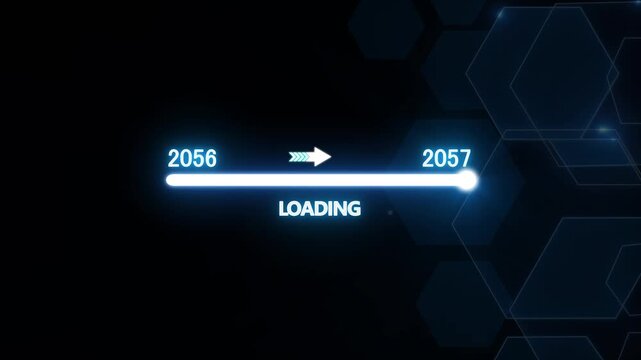 Futuristic loading bar progress animation with digital year transition 2056 to 2057