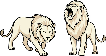 Cute Cartoon White Lion Vector Character Set in Stalking and Roaring Poses for Kids Safari Wildlife Book and Sticker DesignsCute Cartoon White Lion Vector Character Set in Stalking and Roaring Poses f © MDHAFIJUDDIN