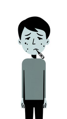 Isolated unwell cartoon man with fever and spots holding thermometer, feeling sick from illness