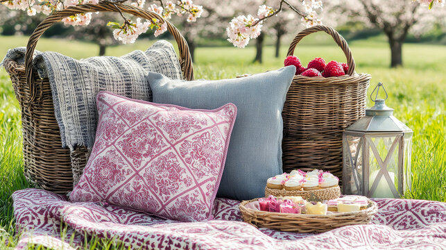 Dreamy pastel birthday picnic with pink rug decorative pillow woven basket cupcake raspberry lantern spring blossom outdoor relaxing cheerful
