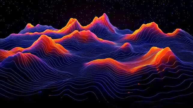 Vibrant neon landscape with glowing curved lines, digital mountain terrain, futuristic data visualization, abstract night scene, dynamic energy, and starry sky