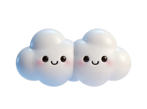 Isolated pair of adorable cartoon clouds with happy smiling faces, charming 3D rendered illustration