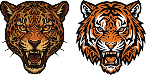 Obraz premium Leopard and tiger head vector illustrations. Wild cat mascot designs for sports team logos.