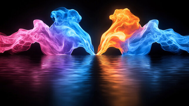 Colorful smoke blue orange and pink swirls above reflective water creating vibrant abstract and energetic scene with electric streaks and high speed motion on dark background