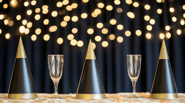 Elegant black and gold party hats and champagne glasses on festive table with warm bokeh lights, creating sophisticated adult birthday celebration atmosphere