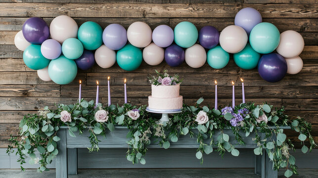 Elegant pastel birthday decor with mauve, teal, and lavender balloons, floral arrangement, greenery, and cake on rustic wooden table, creating festive and sophisticated atmosphere