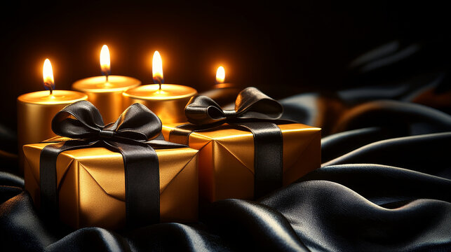 Elegant gold gift box black ribbon luxury birthday background glowing candlelight upscale celebration festive mood soft satin fabric warm ambiance romantic stylish