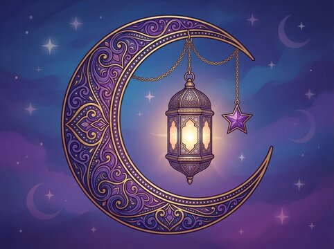 Beautiful decorative crescent moon with a hanging glowing lantern and star for islamic holiday celebration and night sky background