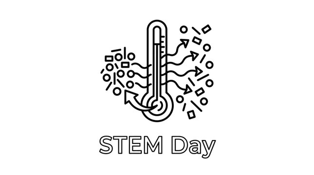 Line art illustration for STEM Day featuring a thermometer and geometric shapes.