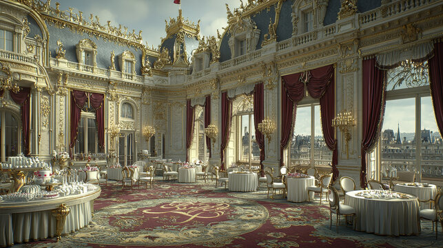 Luxurious palace ballroom with ornate gold details, elegant chandeliers, red velvet drapes, round dining tables, and city view, creating regal and sophisticated atmosphere