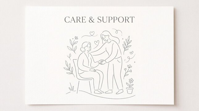 Minimalist line art illustration depicting compassionate human caregiving and emotional support between two women individuals with woman with woman