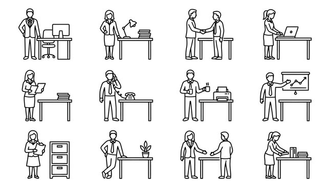 Business People at Work: Office Scenes Line Art Icons Collection