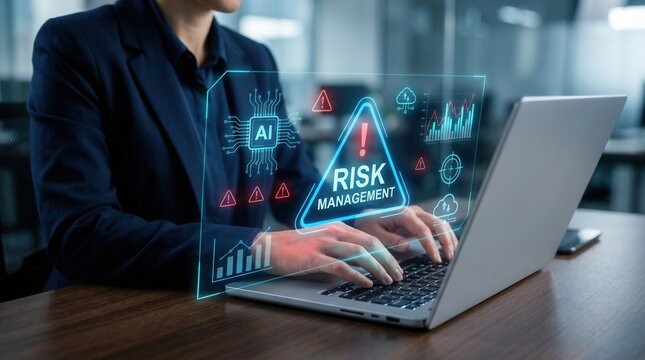 Dynamic risk assessment, compliance, and cyber resilience represented by futuristic risk management and AI data analysis.
