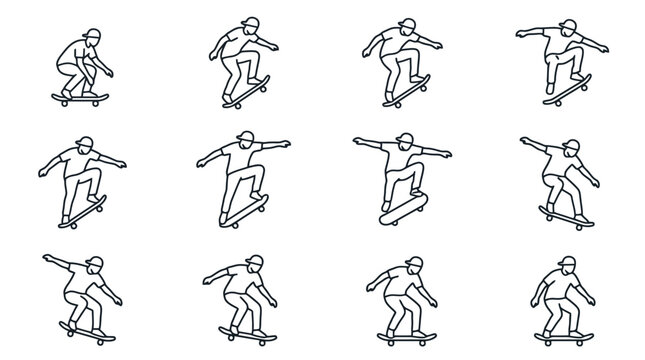 Skateboarder Performing Tricks Sequence, Action Figures, Line Art, White Background