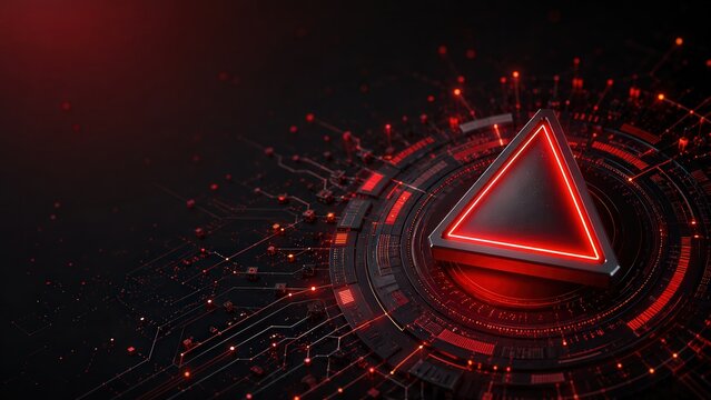 Red Cybersecurity Warning Triangle Background with Digital Alert Interface for Risk Detection and Incident Response