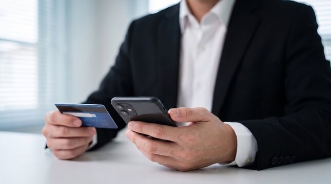 mobile online payment and digital banking transaction showing businessman holding credit card and smartphone. secure financial checkout, e commerce purchase, and cyber fraud risk

