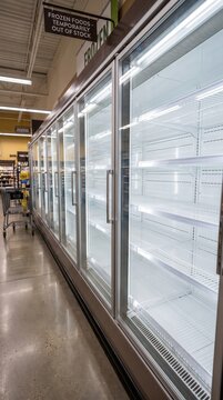 Rows of empty refrigerated grocery cases after food shortage, retail supply disruption, inventory depletion, consumer uncertainty, economic pressure.