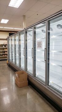 Rows of empty refrigerated grocery cases after food shortage, retail supply disruption, inventory depletion, consumer uncertainty, economic pressure.