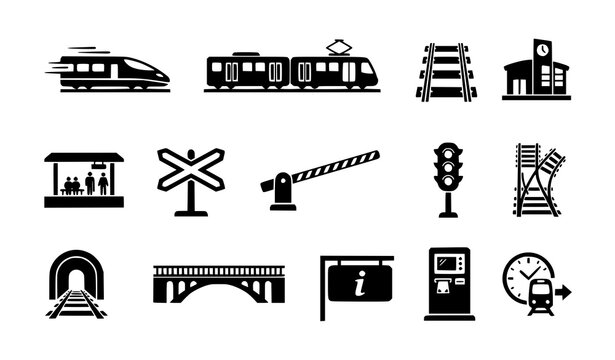 Railway station and crossing silhouette icon bundle with train tracks and transportation vector set