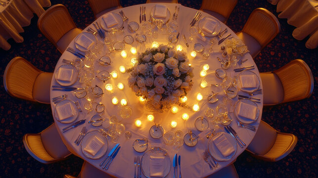 Elegant birthday dinner table with blush pink linen candlelight floral centerpiece upscale setting round table gold chairs romantic ambiance evening event luxury decor celebration