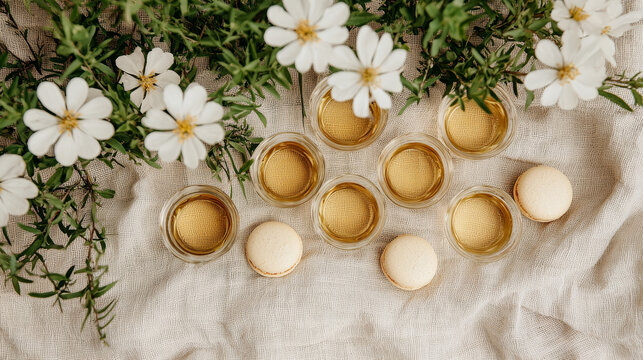 Elegant birthday brunch setting with clear dishes, golden drinks, white flowers, and macarons on linen fabric, creating fresh and upscale atmosphere