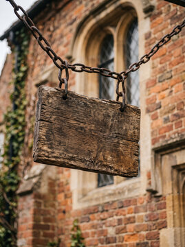 Rustic Wood Hanging Signboard Plaque Mockup Historic Brick Church